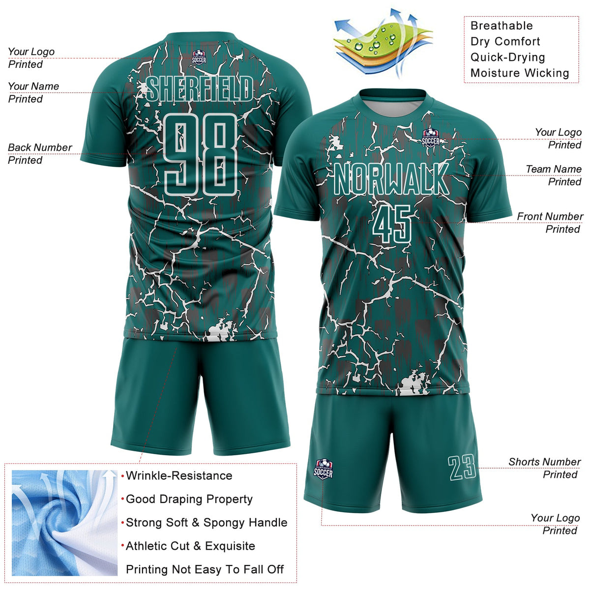 Custom Teal White Lightning Sublimation Soccer Uniform Jersey Limited