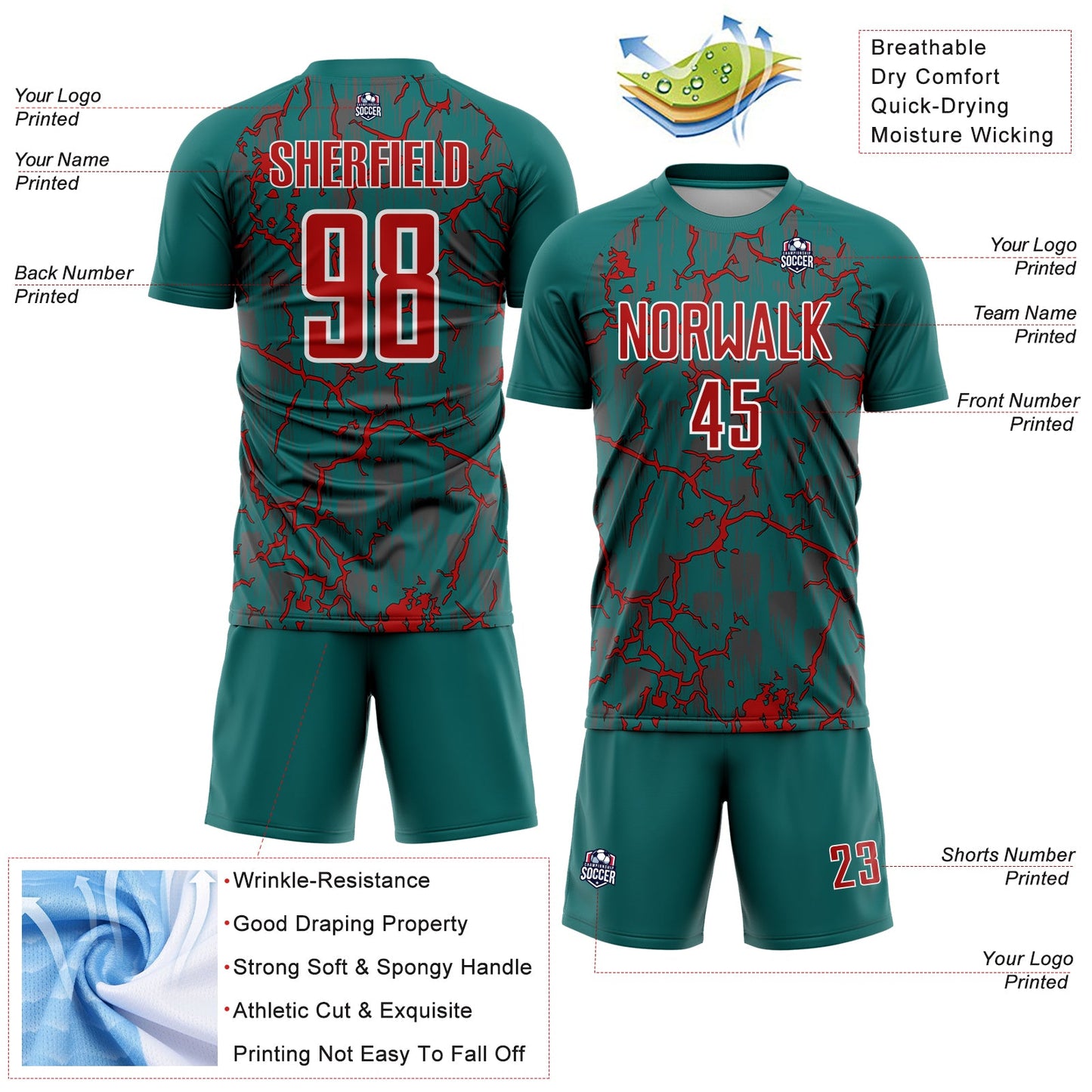 Custom Teal Red-White Lightning Sublimation Soccer Uniform Jersey Limited