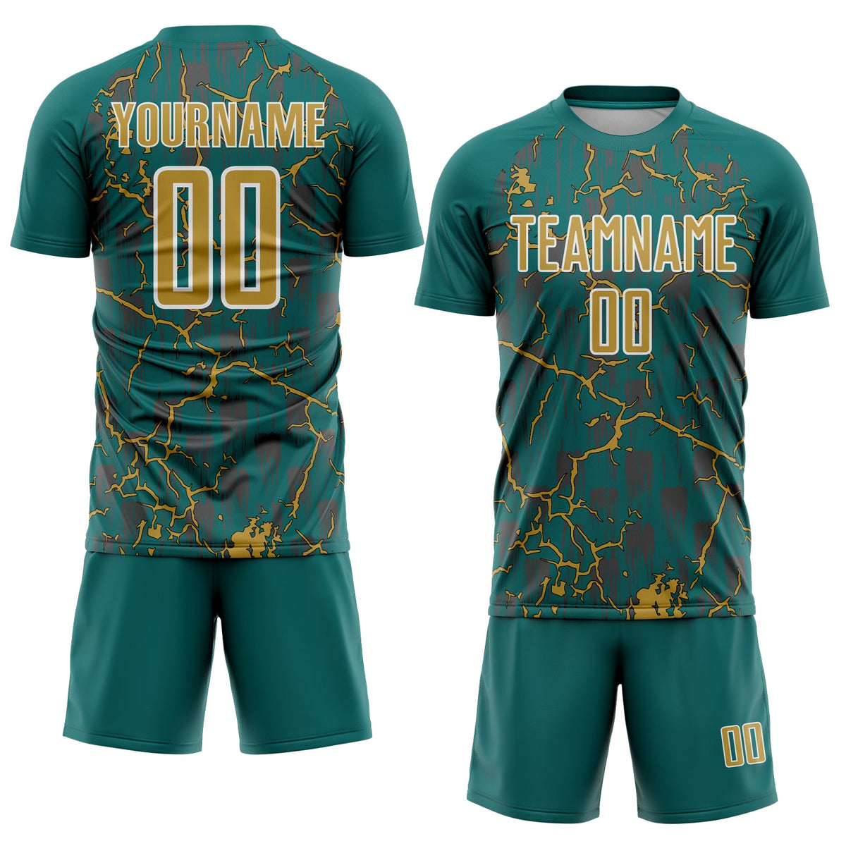 Custom Teal Old Gold-White Lightning Sublimation Soccer Uniform Jersey Limited
