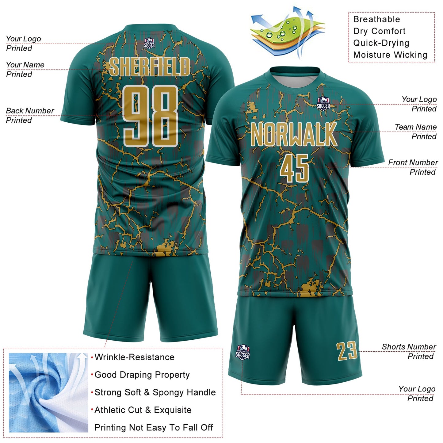 Custom Teal Old Gold-White Lightning Sublimation Soccer Uniform Jersey Limited