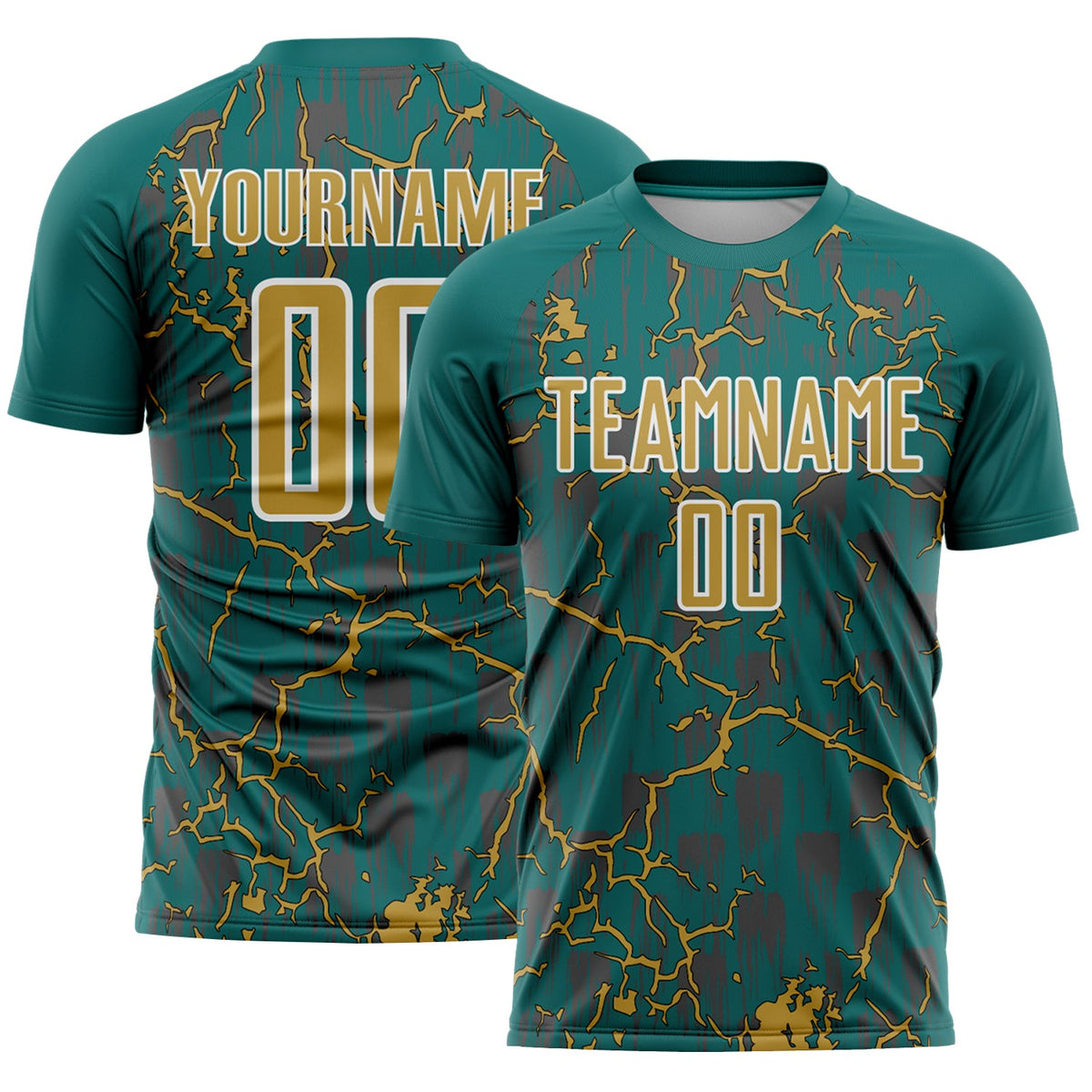Custom Teal Old Gold-White Lightning Sublimation Soccer Uniform Jersey