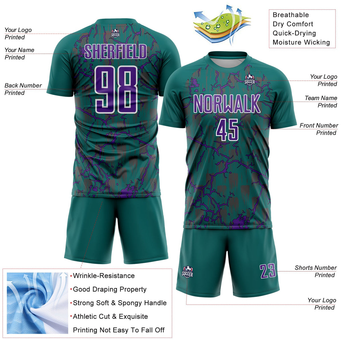 Custom Teal Purple-White Lightning Sublimation Soccer Uniform Jersey Limited