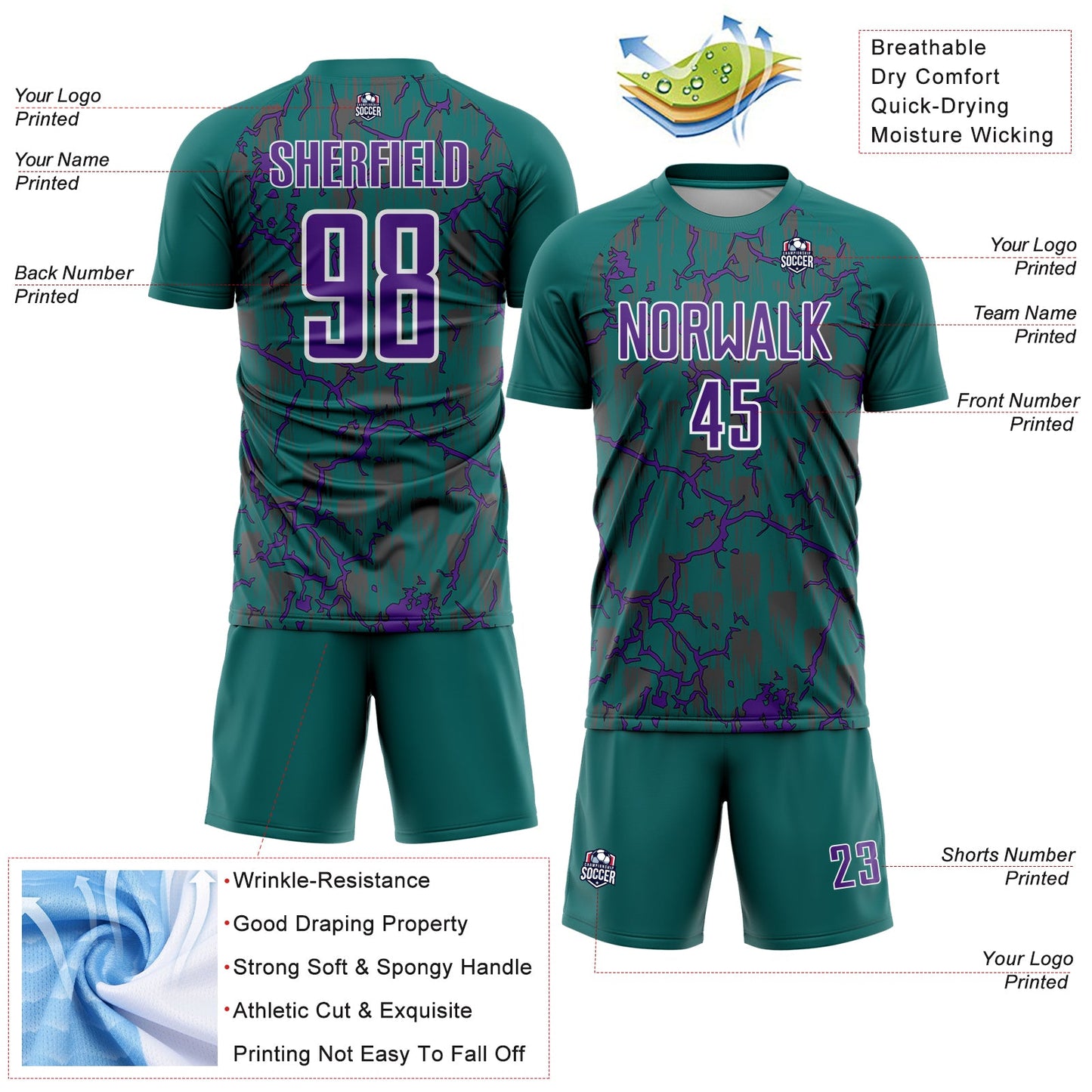 Custom Teal Purple-White Lightning Sublimation Soccer Uniform Jersey Limited