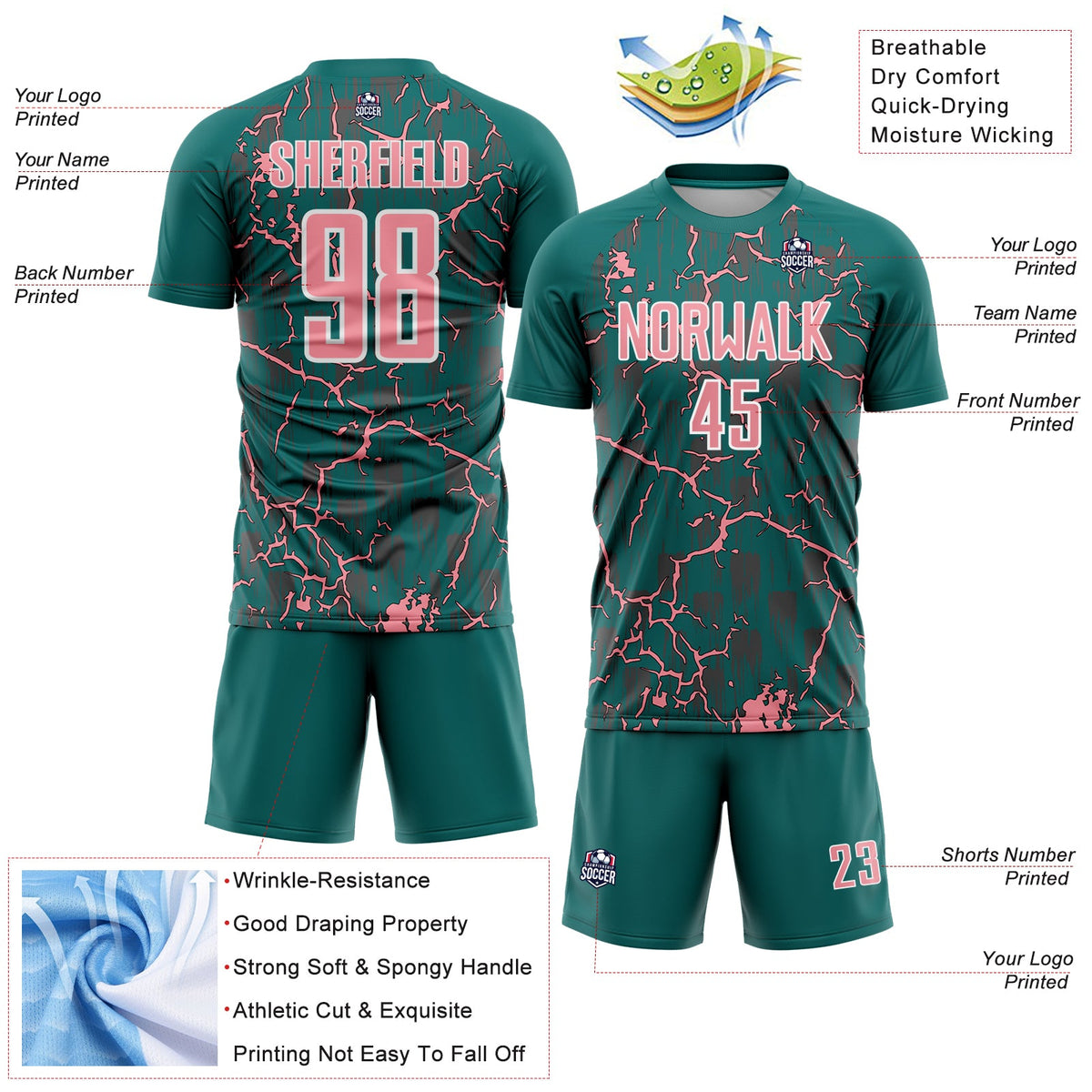 Custom Teal Medium Pink-White Lightning Sublimation Soccer Uniform Jersey Limited