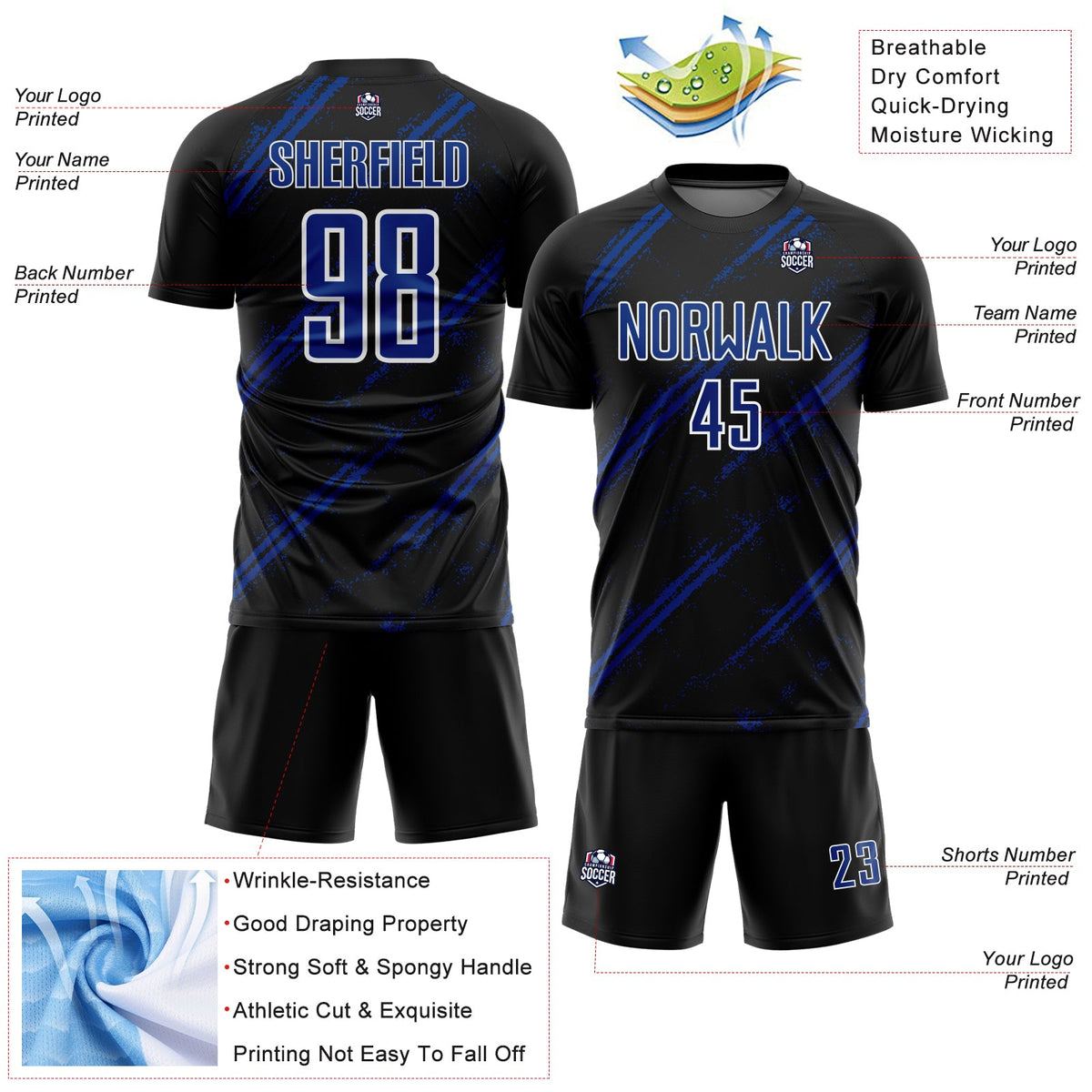 Custom Black Royal-White Abstract Fragment Art Splash Sublimation Soccer Uniform Jersey Limited