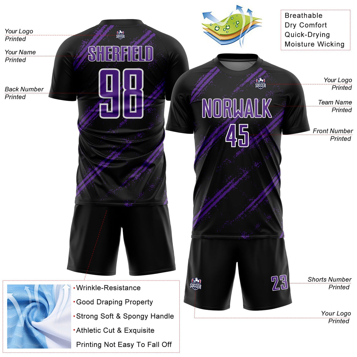 Custom Black Purple-White Abstract Fragment Art Splash Sublimation Soccer Uniform Jersey Limited