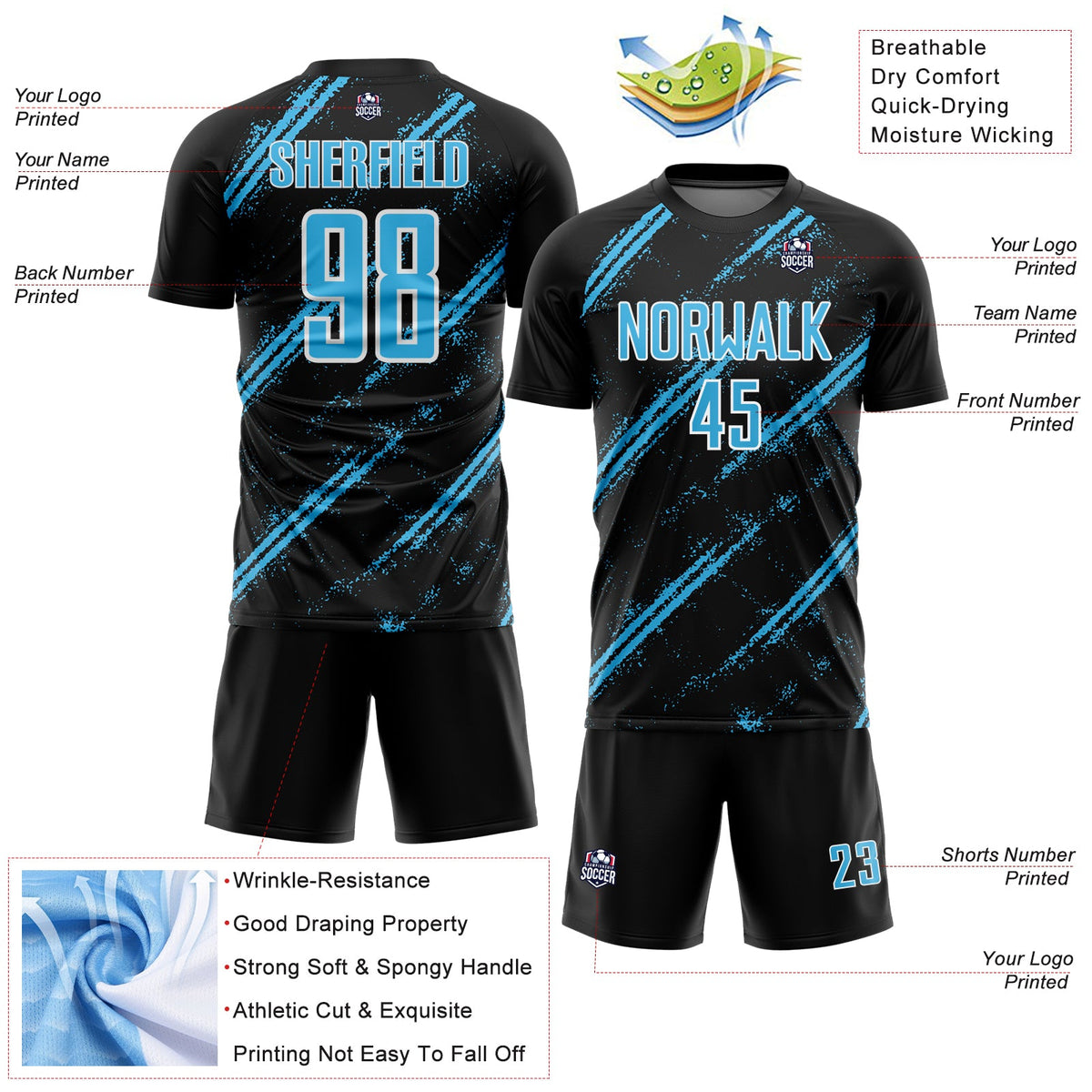 Custom Black Sky Blue-White Abstract Fragment Art Splash Sublimation Soccer Uniform Jersey Limited