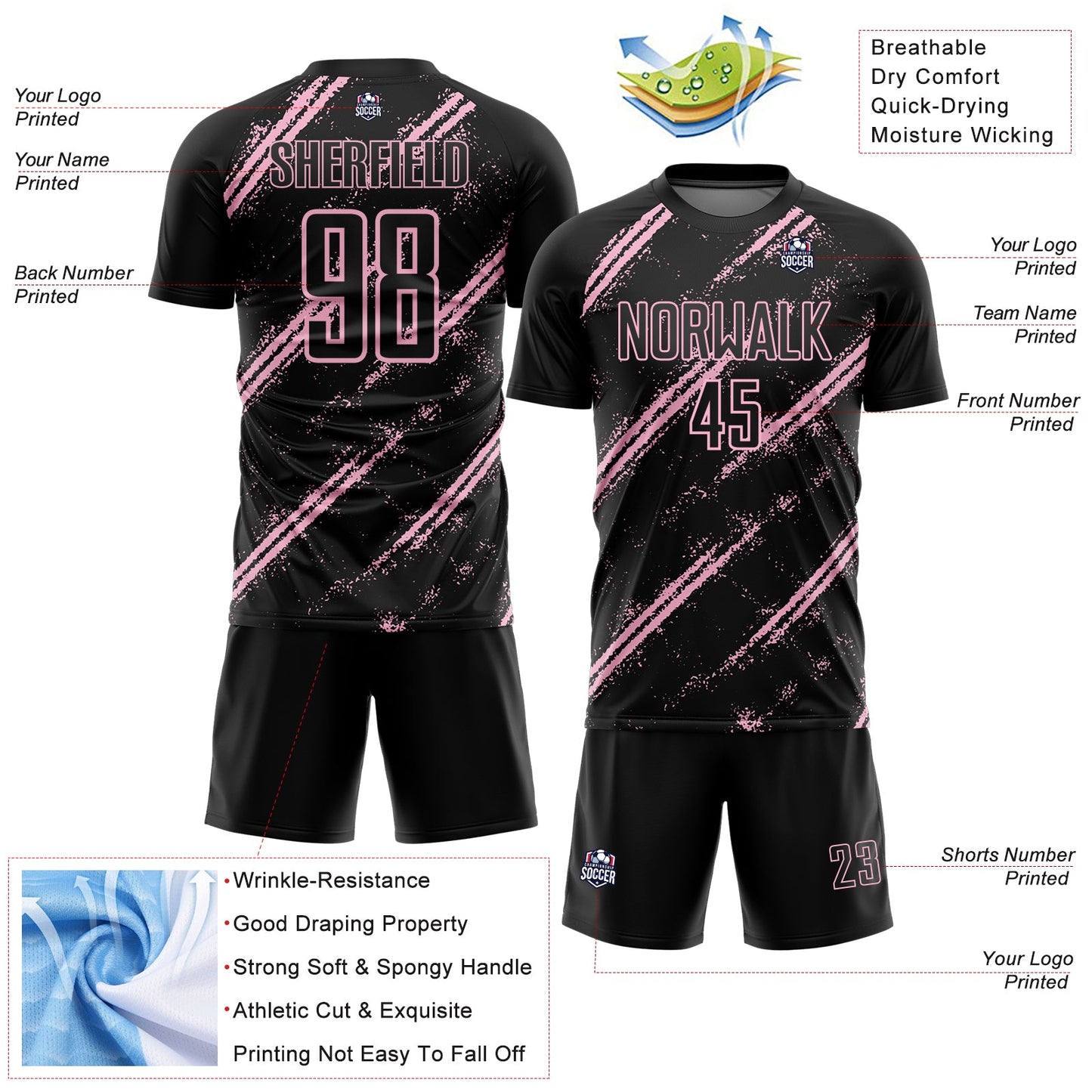 Custom Black Light Pink Abstract Fragment Art Splash Sublimation Soccer Uniform Jersey Limited