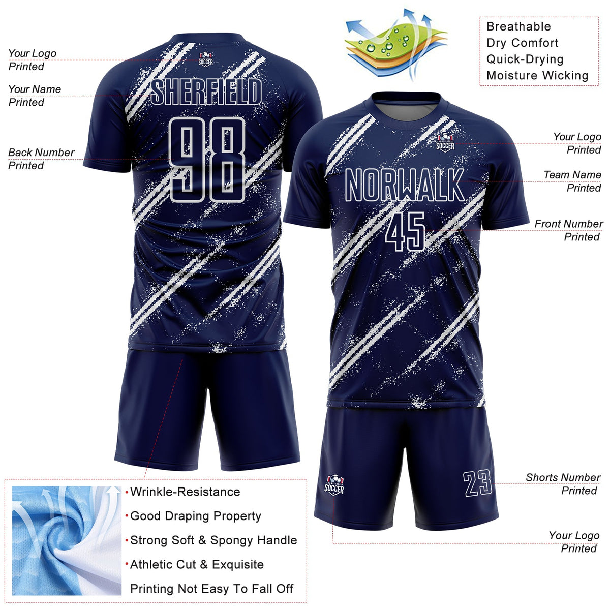 Custom Navy White Abstract Fragment Art Splash Sublimation Soccer Uniform Jersey Limited