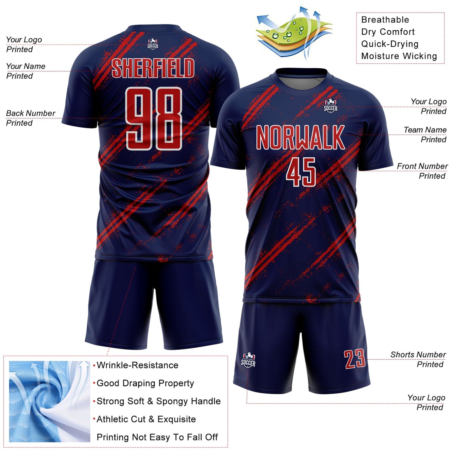 Custom Navy Red-White Abstract Fragment Art Splash Sublimation Soccer Uniform Jersey Limited