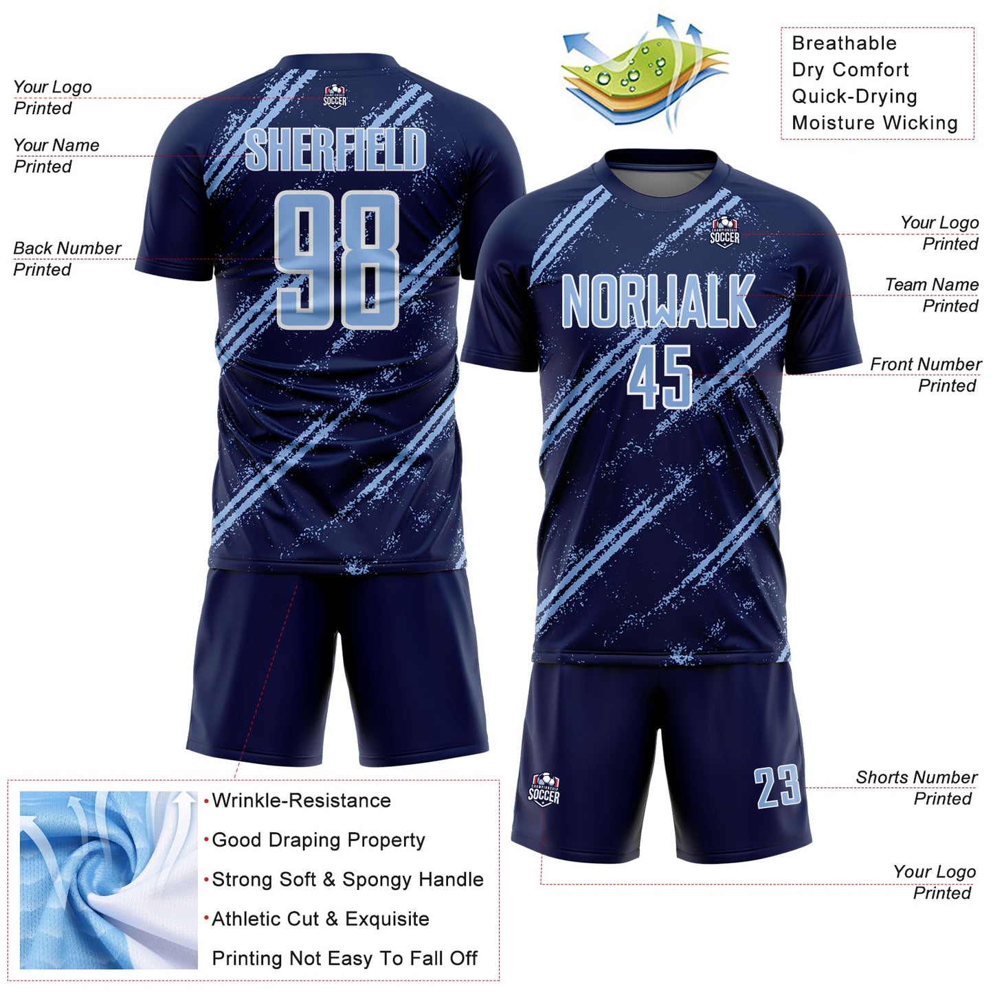 Custom Navy Light Blue-White Abstract Fragment Art Splash Sublimation Soccer Uniform Jersey Limited