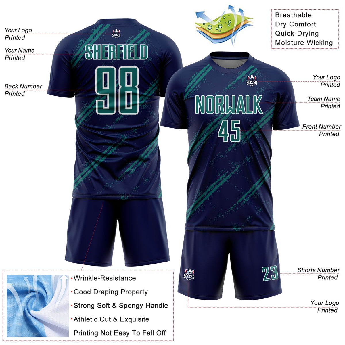 Custom Navy Teal-White Abstract Fragment Art Splash Sublimation Soccer Uniform Jersey Limited