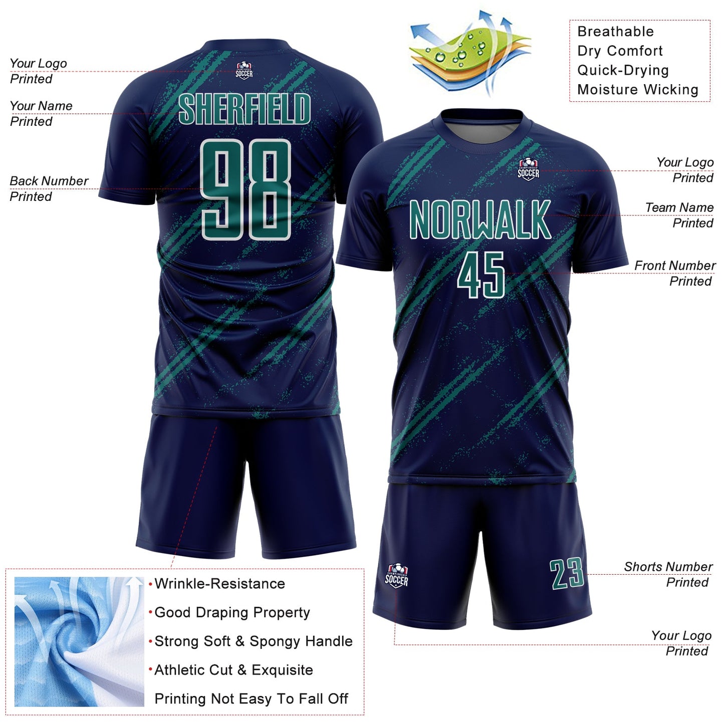 Custom Navy Teal-White Abstract Fragment Art Splash Sublimation Soccer Uniform Jersey Limited