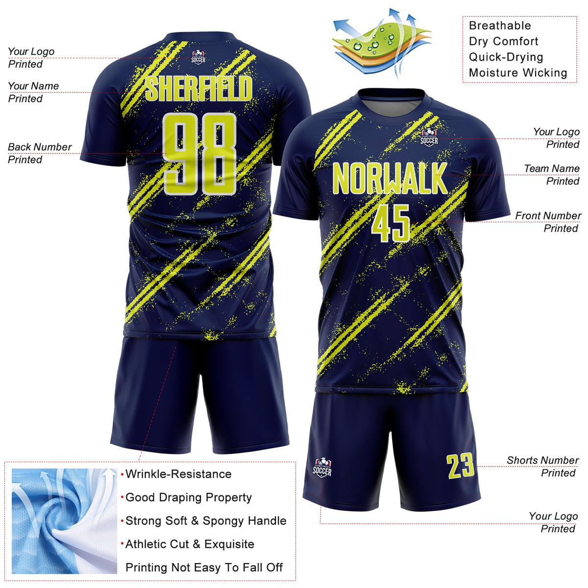 Custom Navy Neon Yellow-White Abstract Fragment Art Splash Sublimation Soccer Uniform Jersey Limited