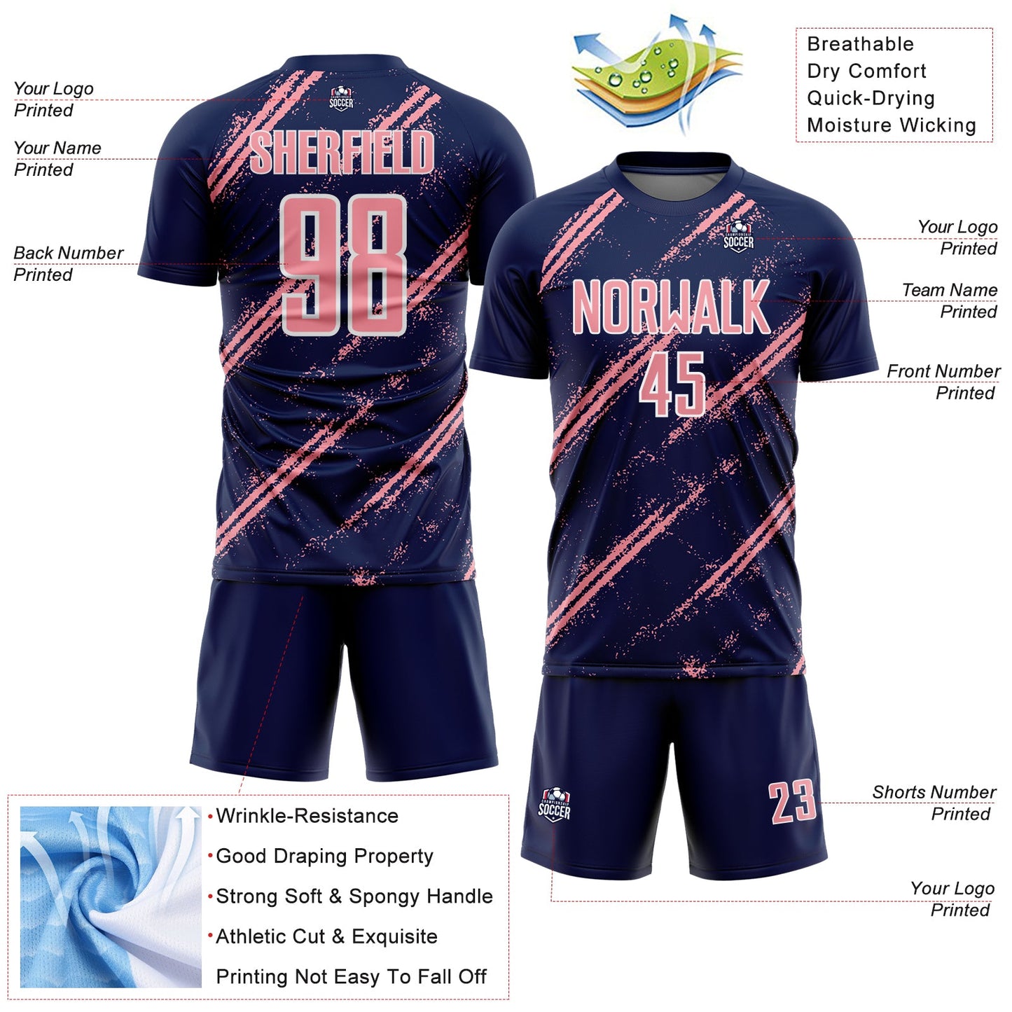 Custom Navy Medium Pink-White Abstract Fragment Art Splash Sublimation Soccer Uniform Jersey Limited