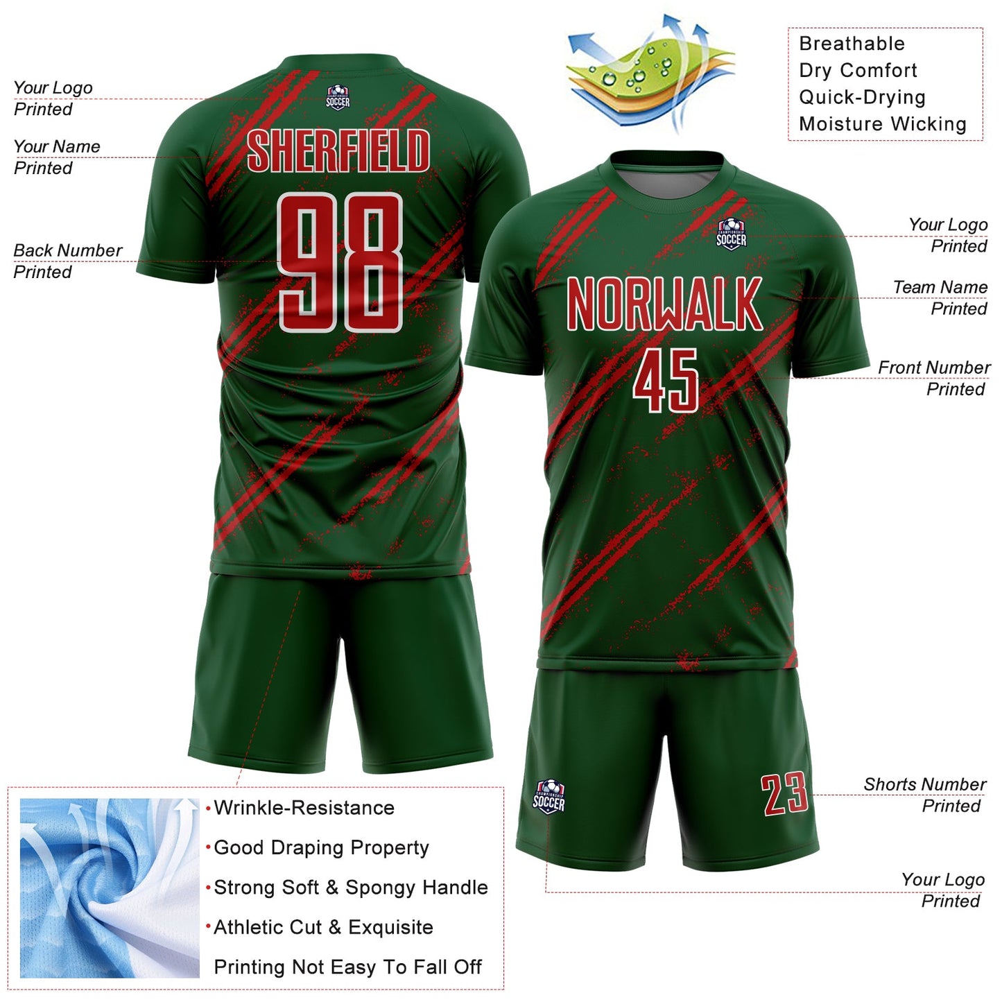 Custom Green Red-White Abstract Fragment Art Splash Sublimation Soccer Uniform Jersey Limited