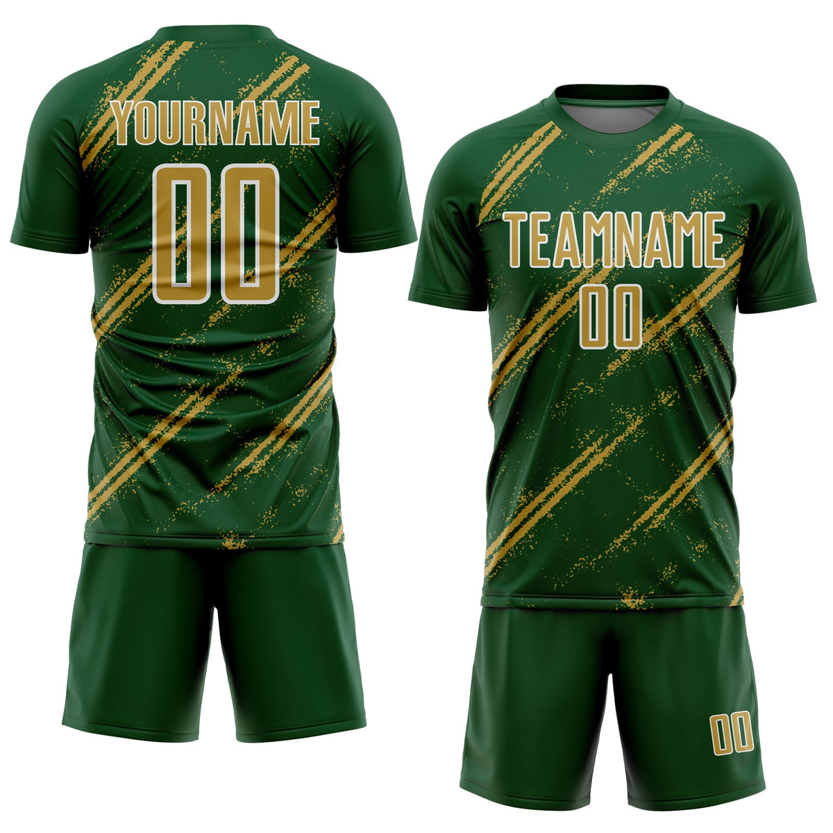 Custom Green Old Gold-White Abstract Fragment Art Splash Sublimation Soccer Uniform Jersey Limited