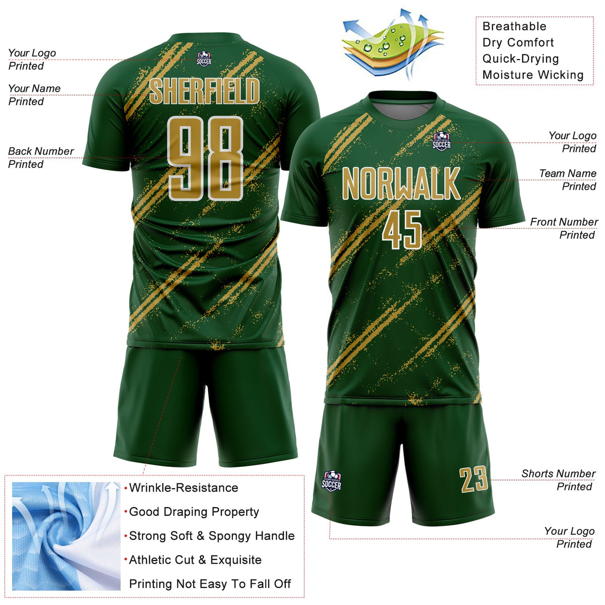 Custom Green Old Gold-White Abstract Fragment Art Splash Sublimation Soccer Uniform Jersey Limited