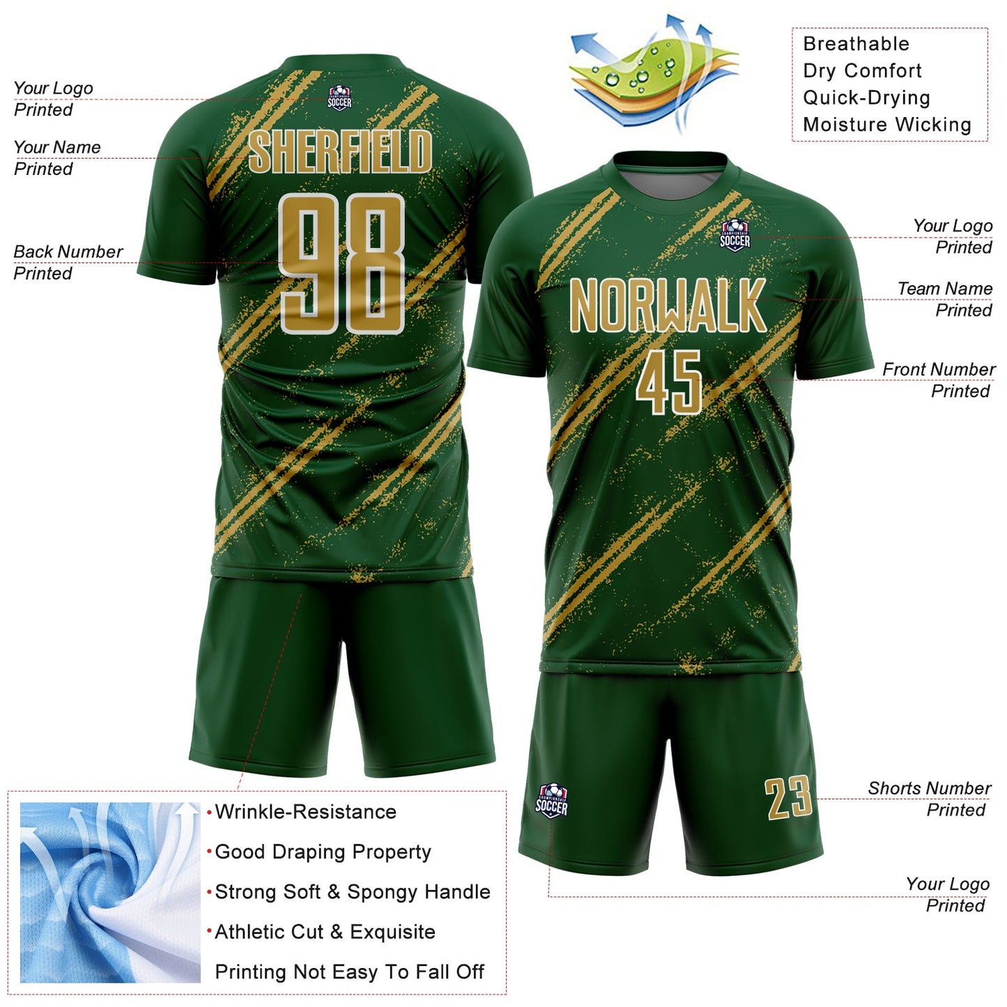 Custom Green Old Gold-White Abstract Fragment Art Splash Sublimation Soccer Uniform Jersey Limited