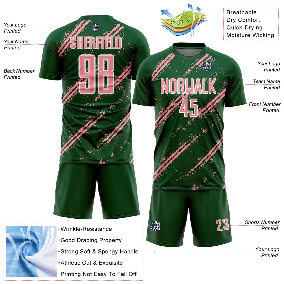 Custom Green Medium Pink-White Abstract Fragment Art Splash Sublimation Soccer Uniform Jersey Limited