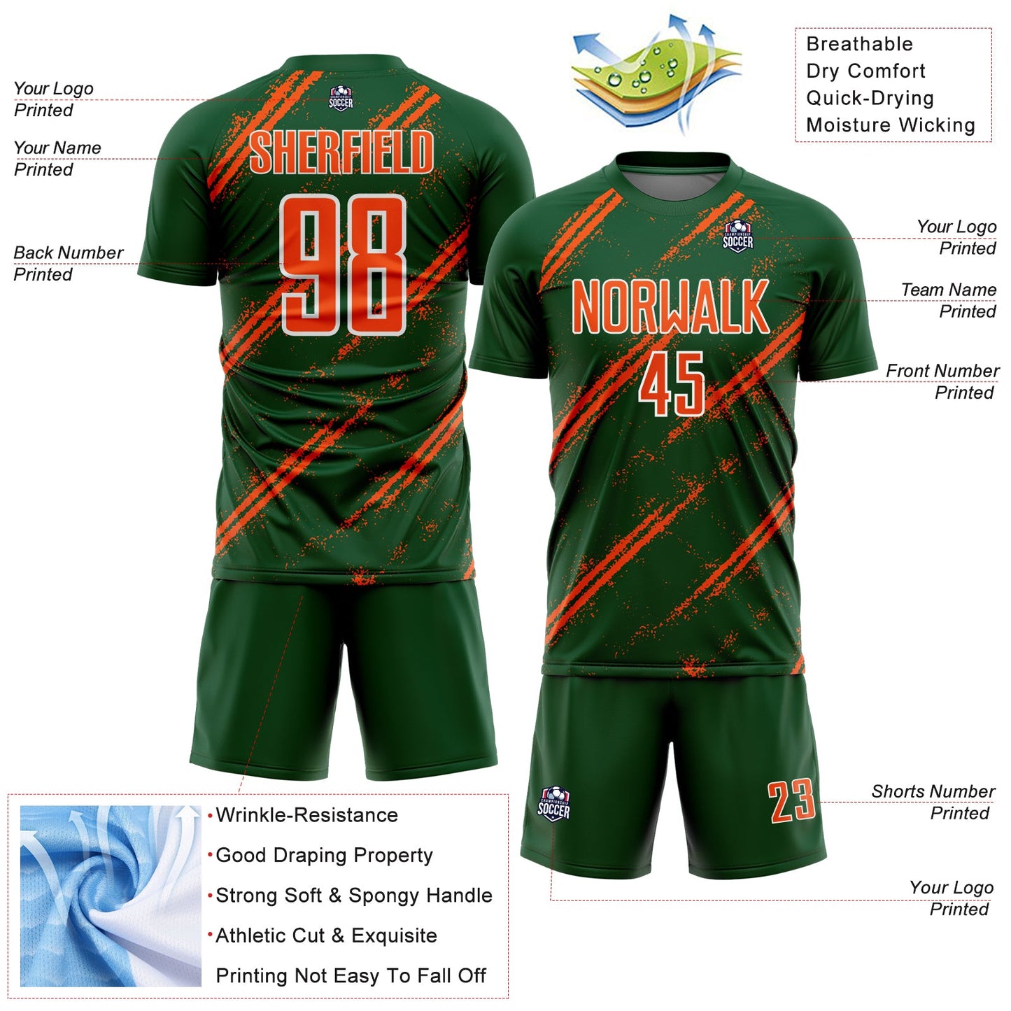 Custom Green Orange-White Abstract Fragment Art Splash Sublimation Soccer Uniform Jersey Limited