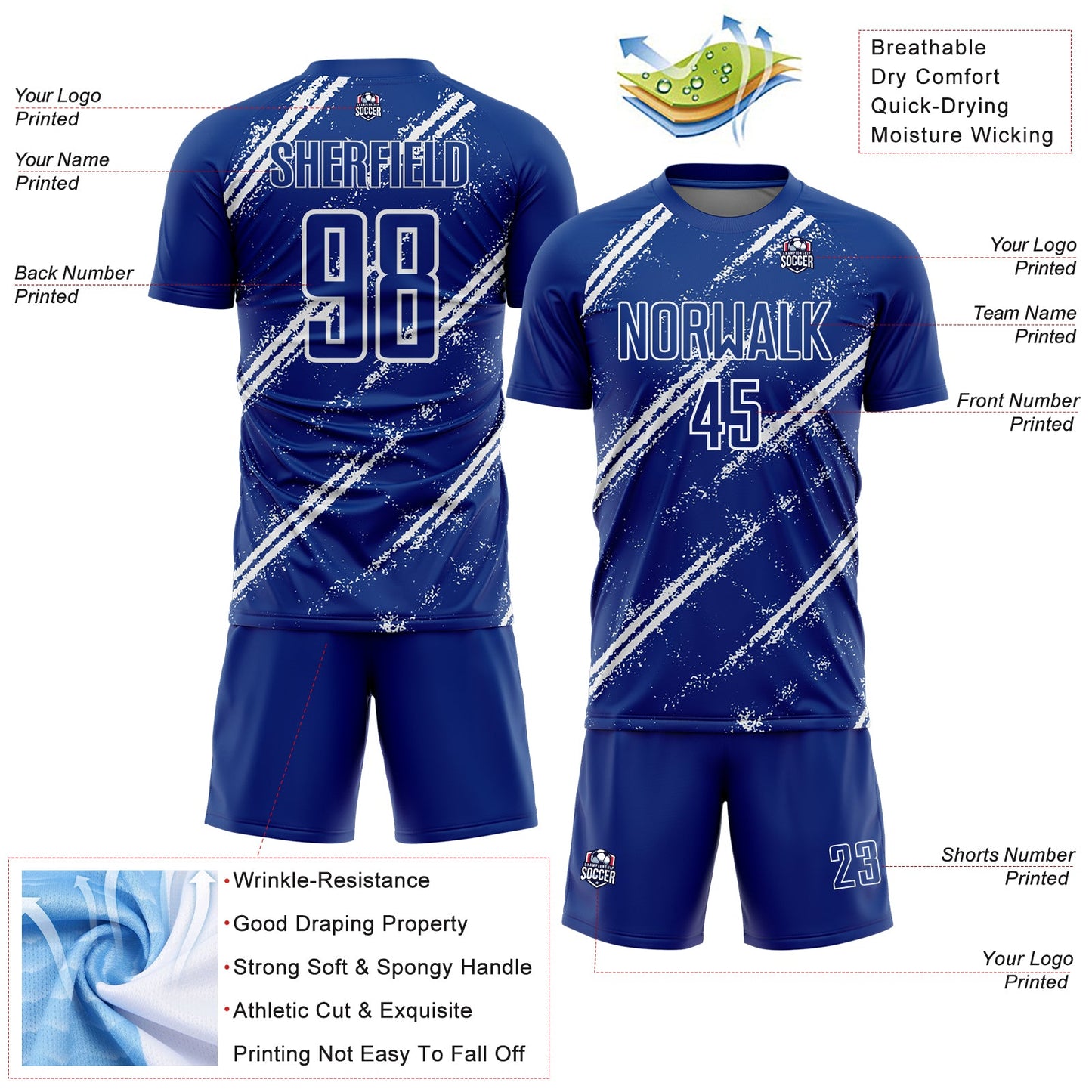 Custom Royal White Abstract Fragment Art Splash Sublimation Soccer Uniform Jersey Limited