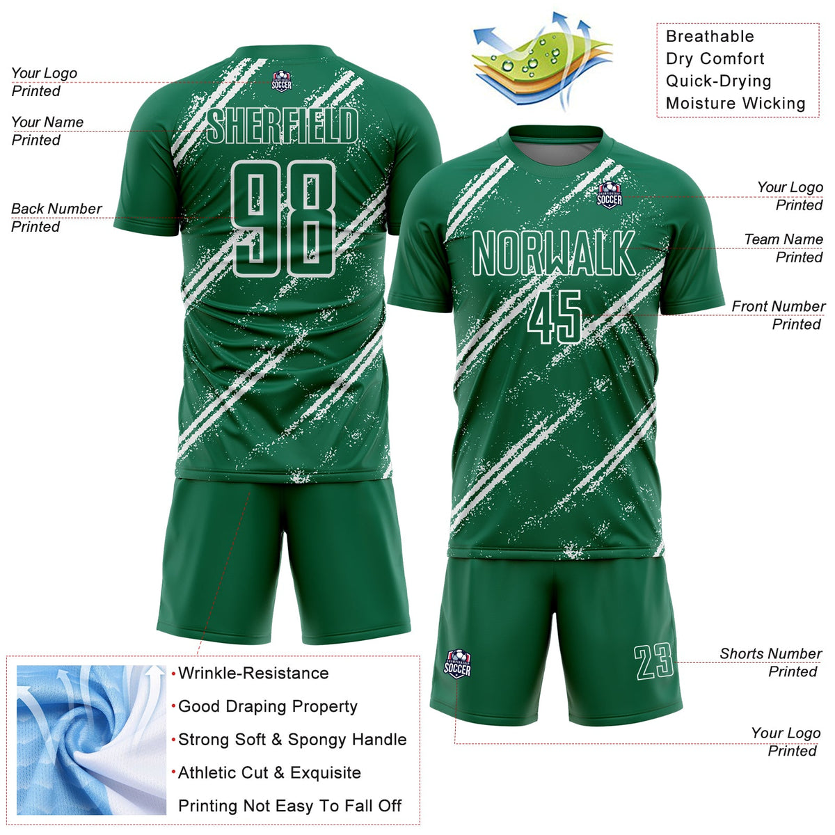Custom Kelly Green White Abstract Fragment Art Splash Sublimation Soccer Uniform Jersey Limited