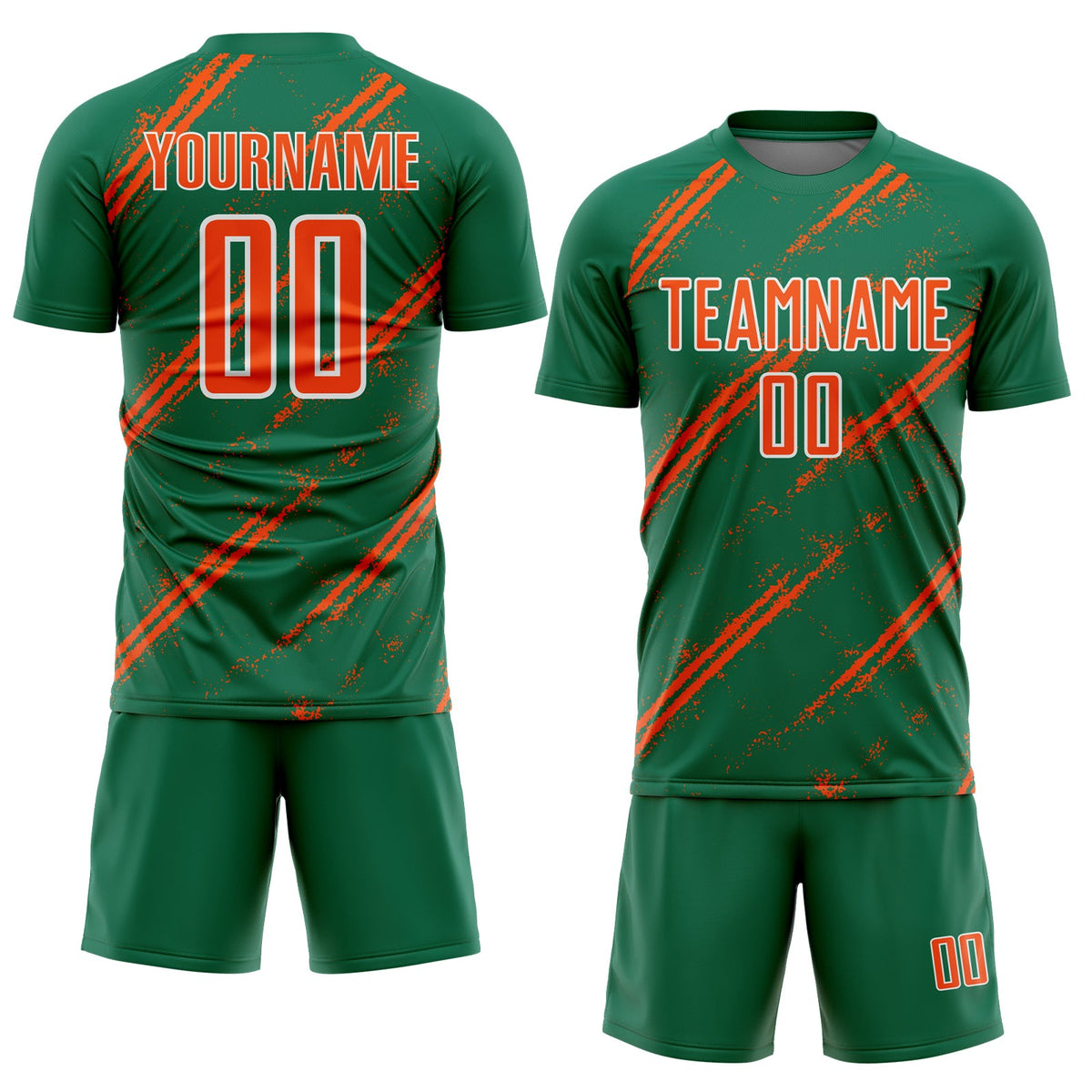 Custom Kelly Green Orange-White Abstract Fragment Art Splash Sublimation Soccer Uniform Jersey Limited