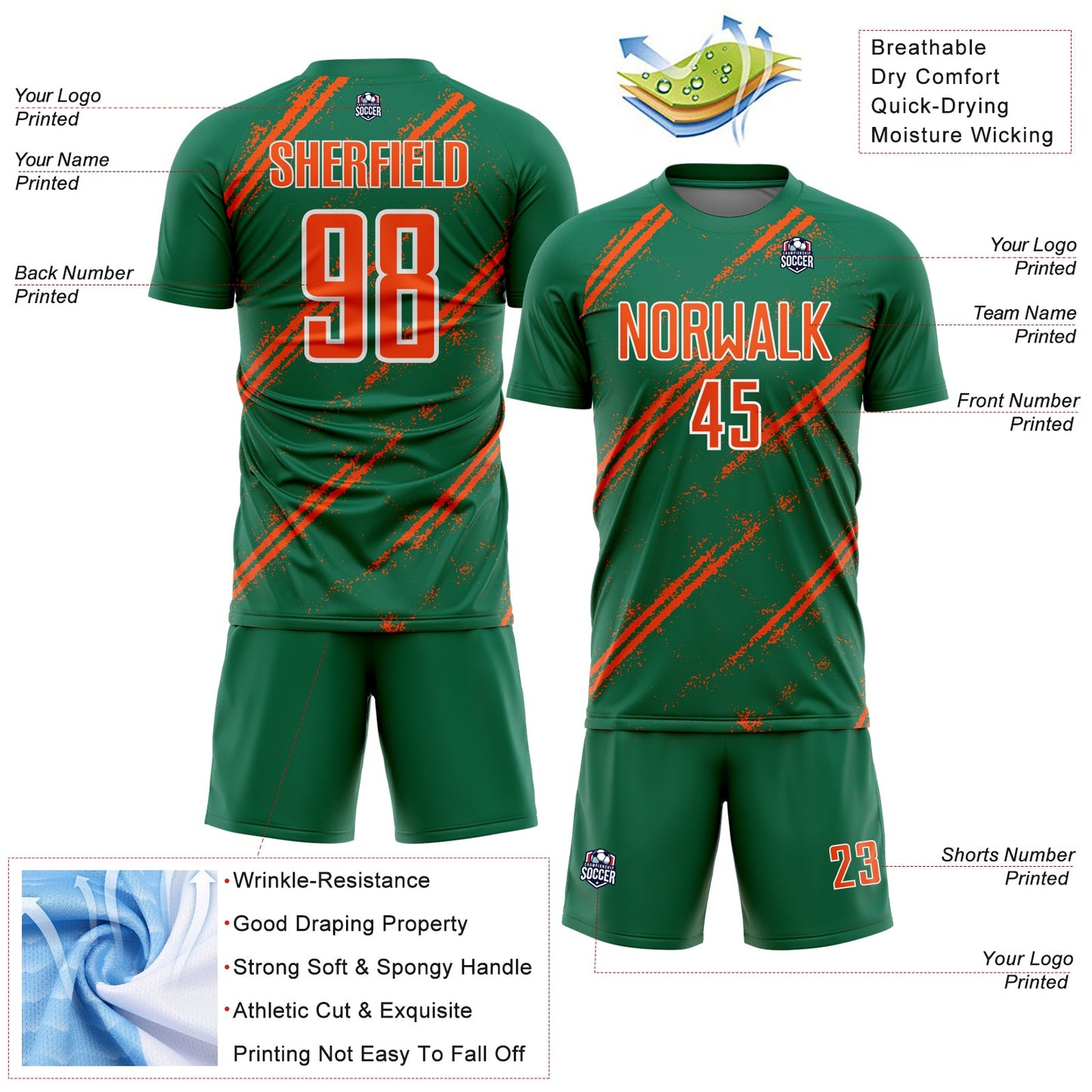 Custom Kelly Green Orange-White Abstract Fragment Art Splash Sublimation Soccer Uniform Jersey Limited
