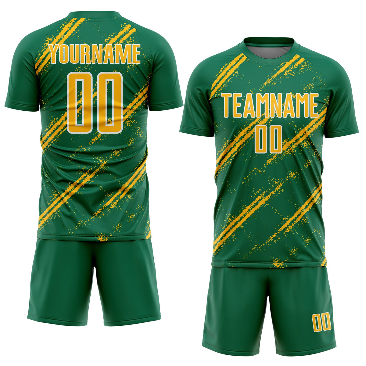 Custom Kelly Green Gold-White Abstract Fragment Art Splash Sublimation Soccer Uniform Jersey Limited