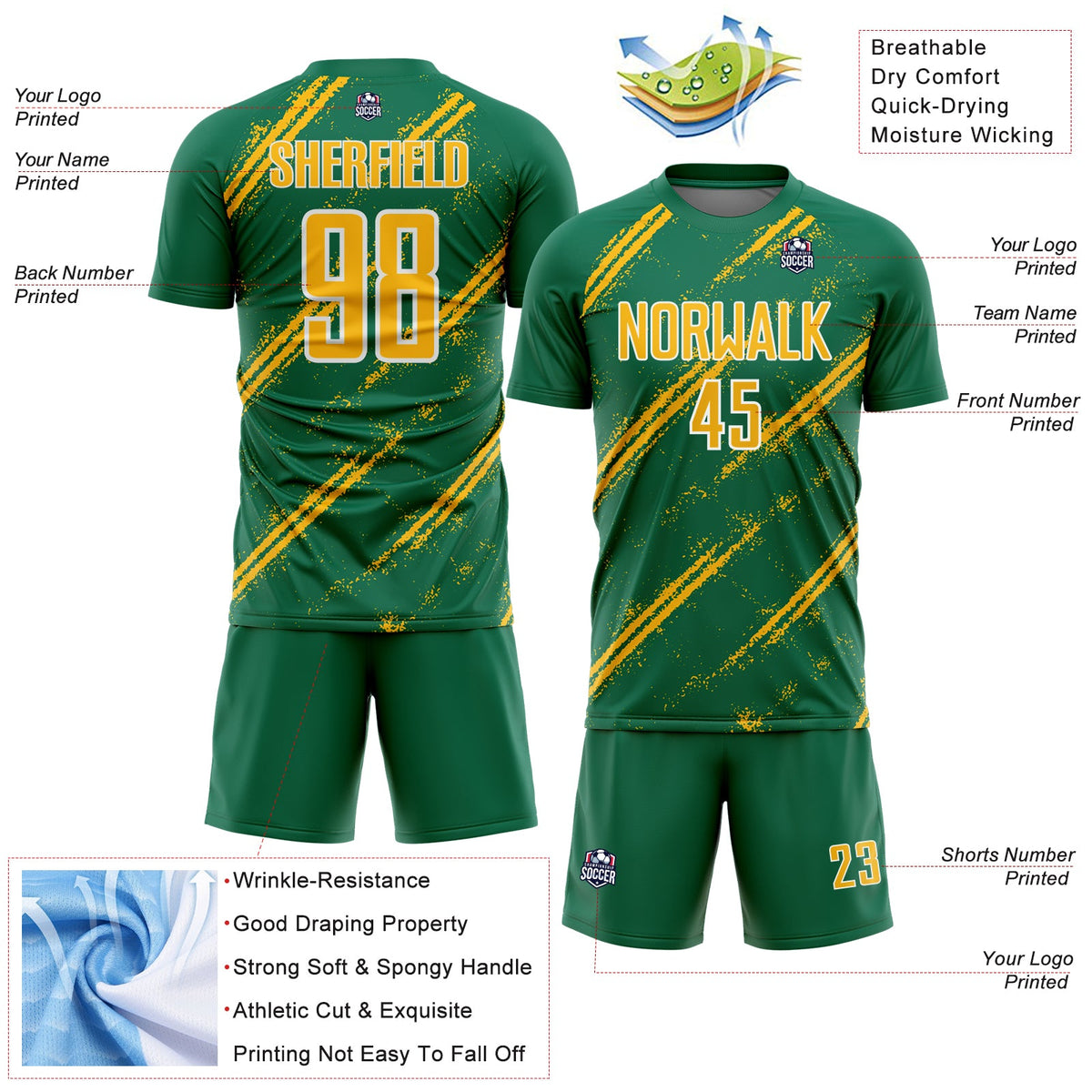 Custom Kelly Green Gold-White Abstract Fragment Art Splash Sublimation Soccer Uniform Jersey Limited