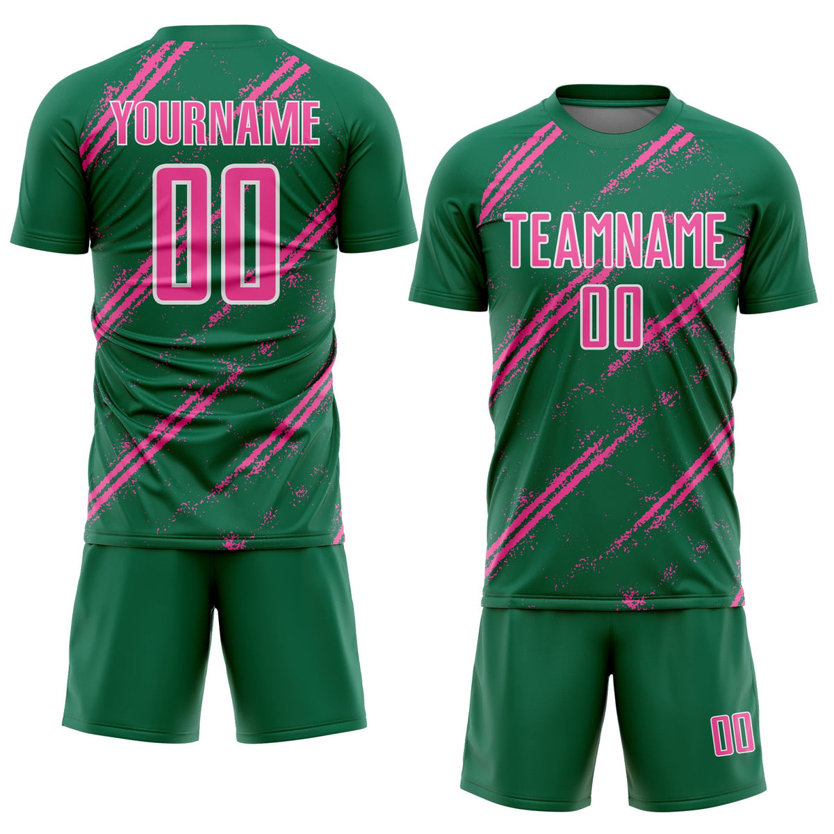 Custom Kelly Green Pink-White Abstract Fragment Art Splash Sublimation Soccer Uniform Jersey Limited