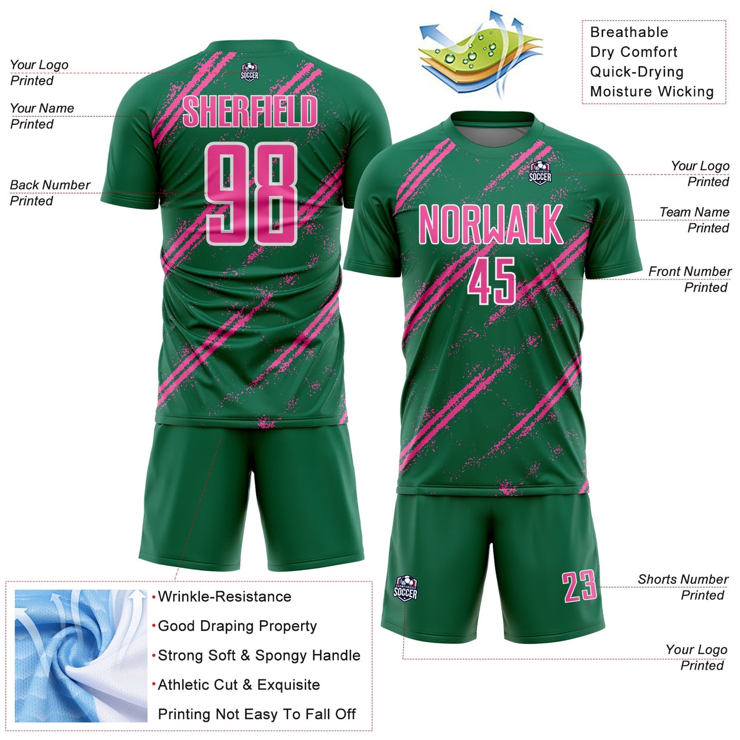 Custom Kelly Green Pink-White Abstract Fragment Art Splash Sublimation Soccer Uniform Jersey Limited