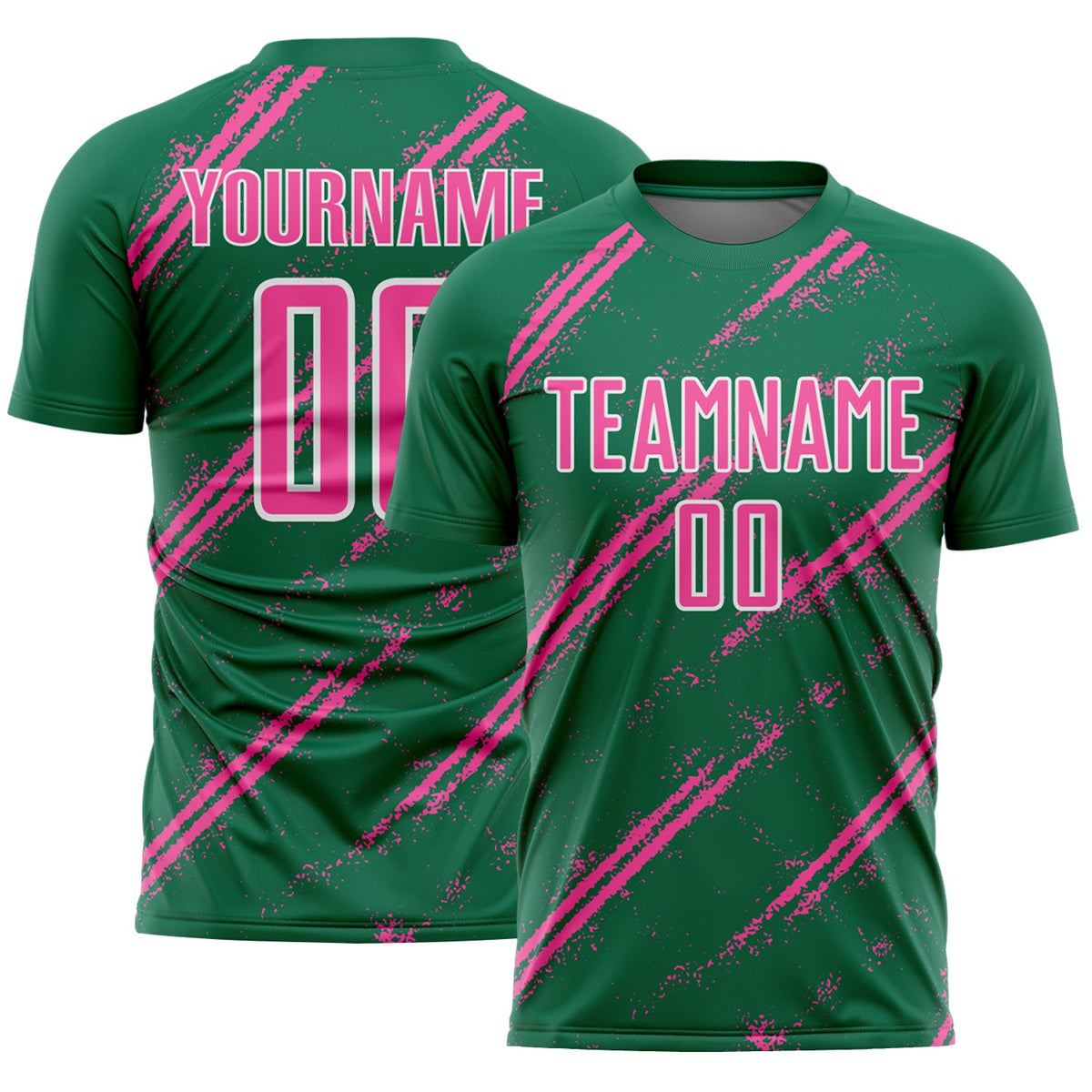 Custom Kelly Green Pink-White Abstract Fragment Art Splash Sublimation Soccer Uniform Jersey