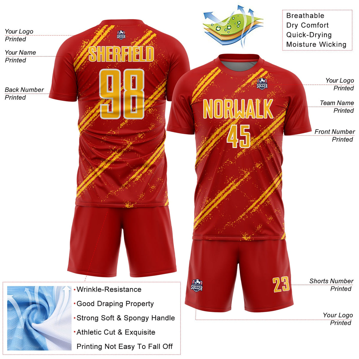 Custom Red Gold-White Abstract Fragment Art Splash Sublimation Soccer Uniform Jersey Limited