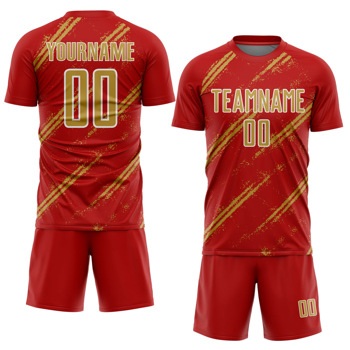 Custom Red Old Gold-White Abstract Fragment Art Splash Sublimation Soccer Uniform Jersey Limited