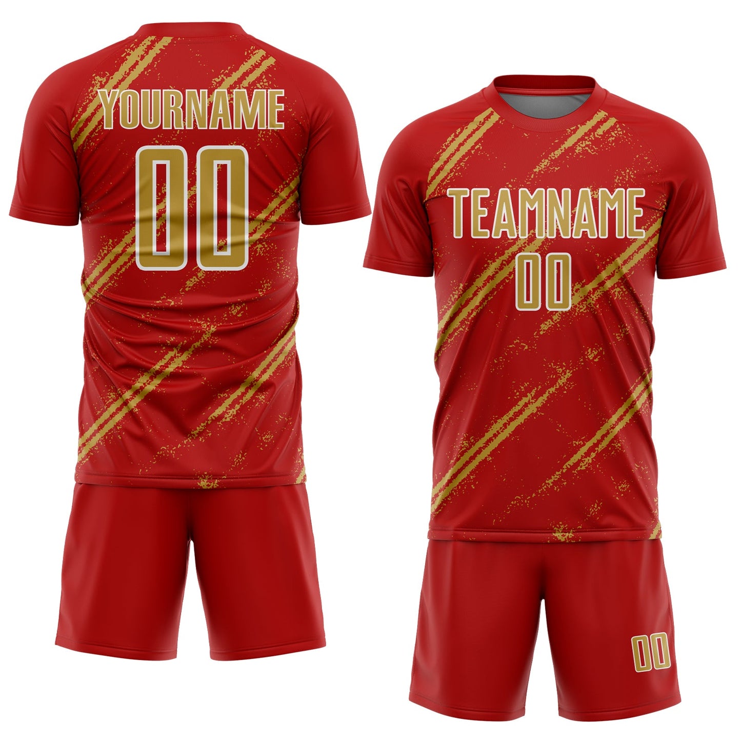 Custom Red Old Gold-White Abstract Fragment Art Splash Sublimation Soccer Uniform Jersey Limited
