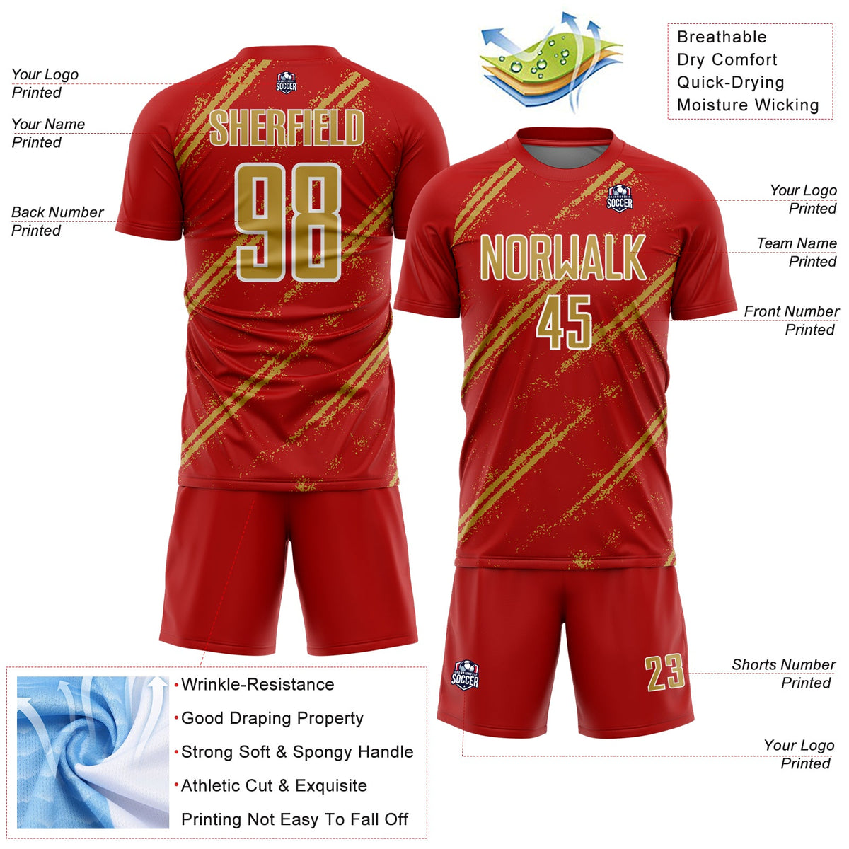 Custom Red Old Gold-White Abstract Fragment Art Splash Sublimation Soccer Uniform Jersey Limited