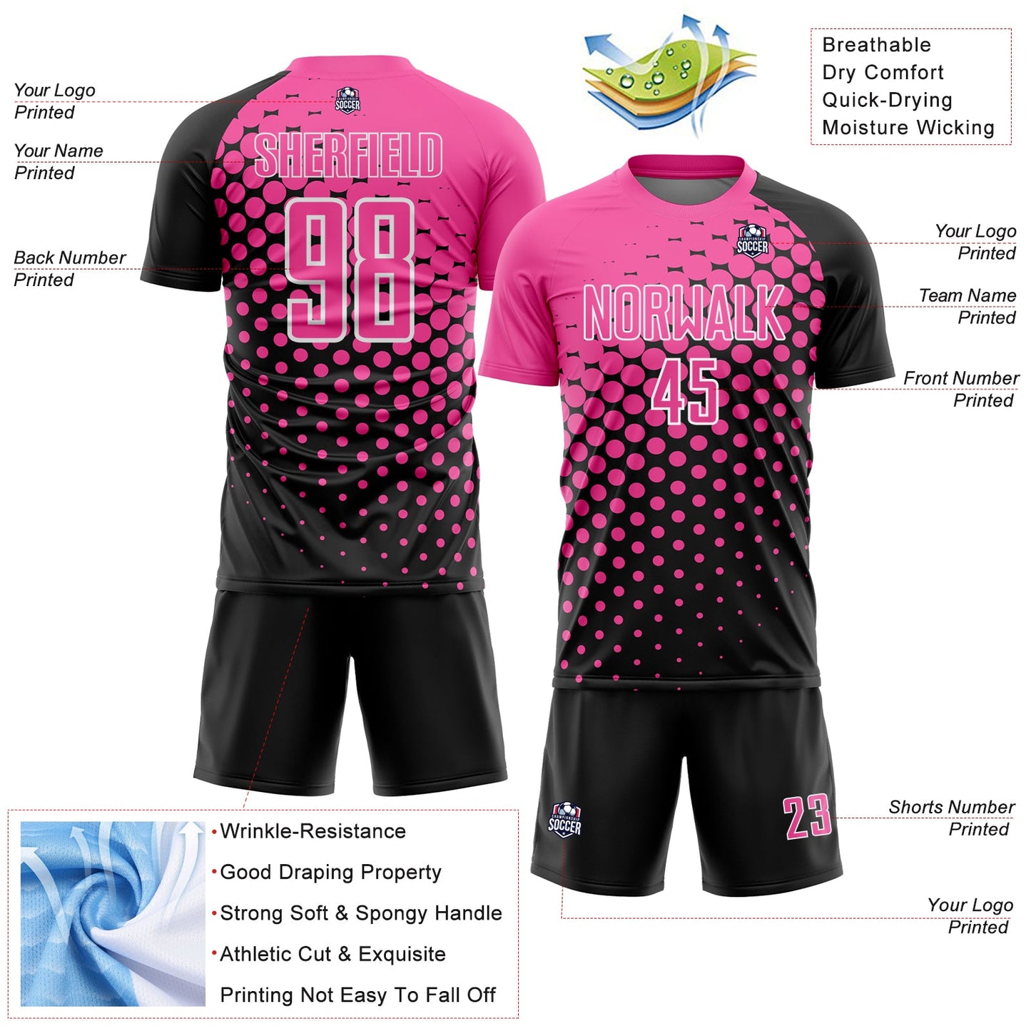 Custom Black Pink-White Modern Polka Dot Sublimation Soccer Uniform Jersey Limited