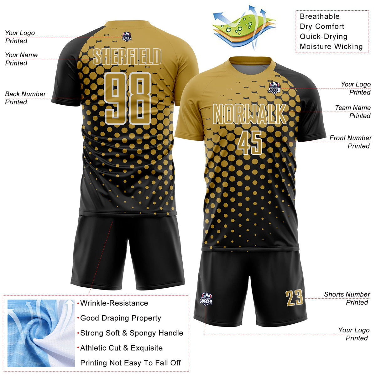 Custom Black Old Gold-White Modern Polka Dot Sublimation Soccer Uniform Jersey Limited