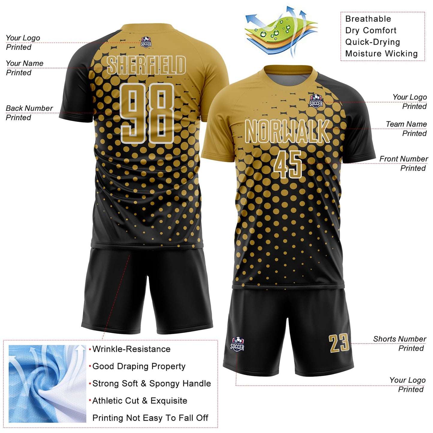Custom Black Old Gold-White Modern Polka Dot Sublimation Soccer Uniform Jersey Limited