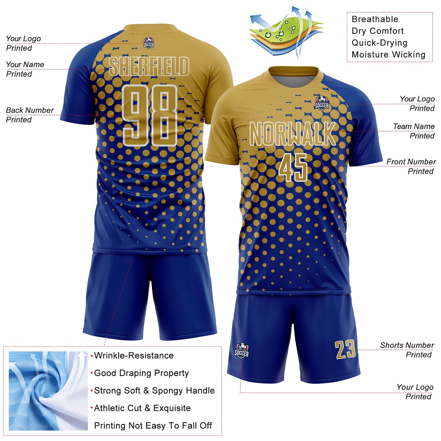 Custom Royal Old Gold-White Modern Polka Dot Sublimation Soccer Uniform Jersey Limited