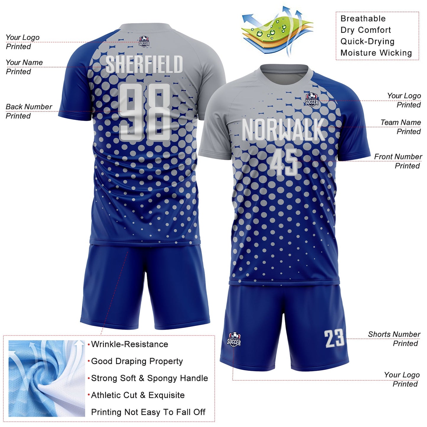 Custom Royal White-Gray Modern Polka Dot Sublimation Soccer Uniform Jersey Limited