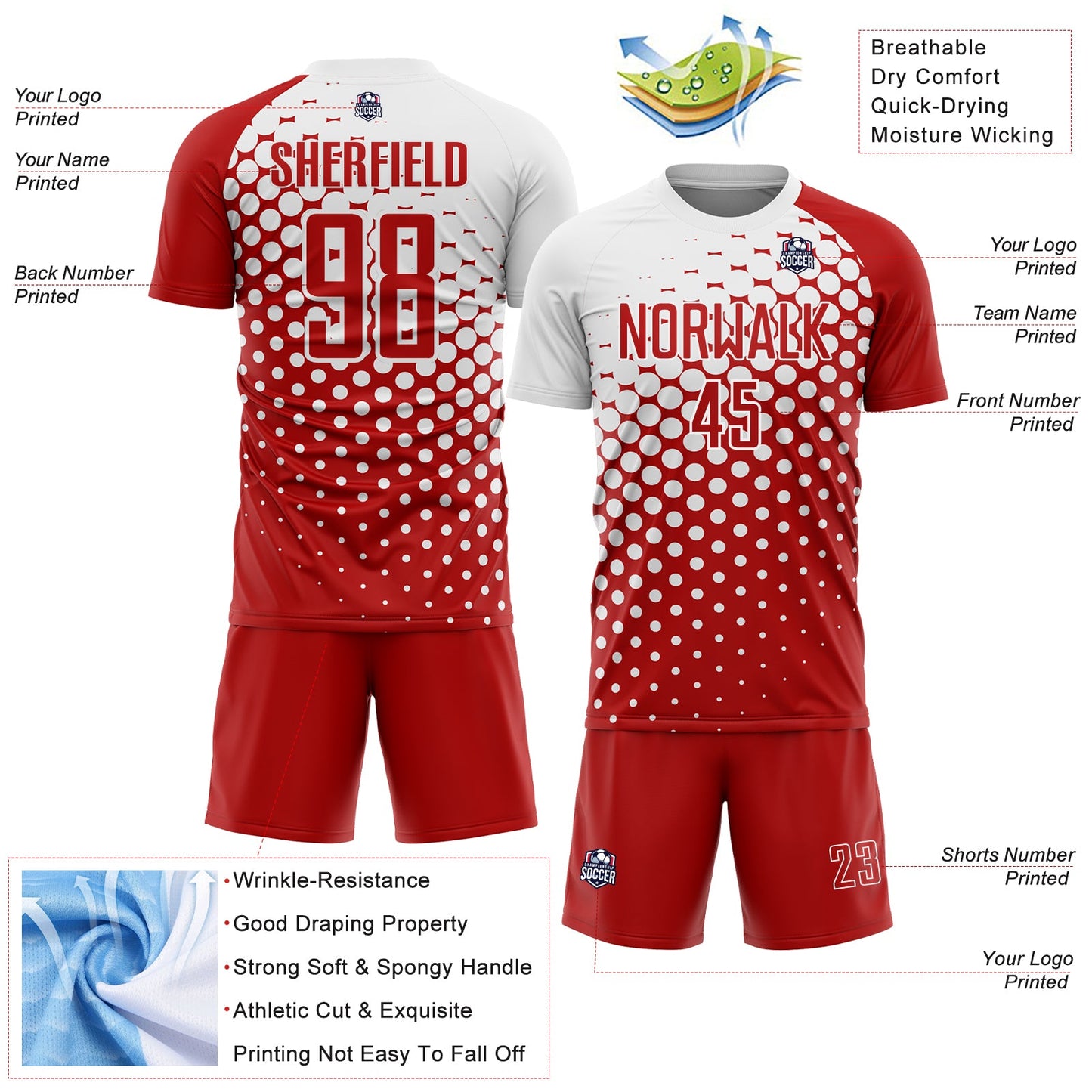 Custom Red White Modern Polka Dot Sublimation Soccer Uniform Jersey Limited