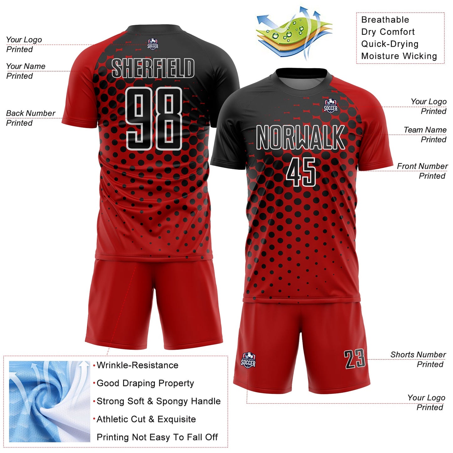 Custom Red Black-White Modern Polka Dot Sublimation Soccer Uniform Jersey Limited