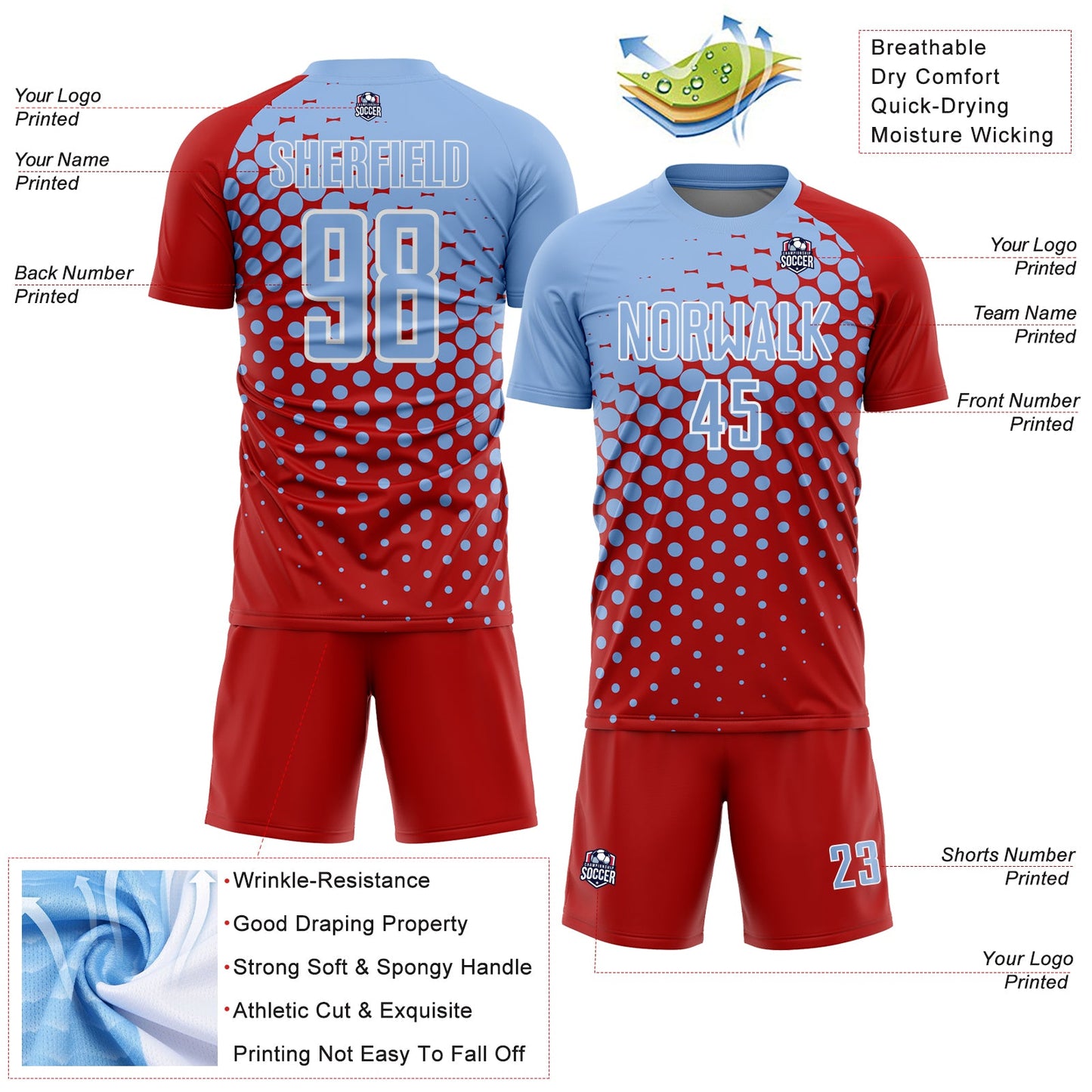 Custom Red Light Blue-White Modern Polka Dot Sublimation Soccer Uniform Jersey Limited
