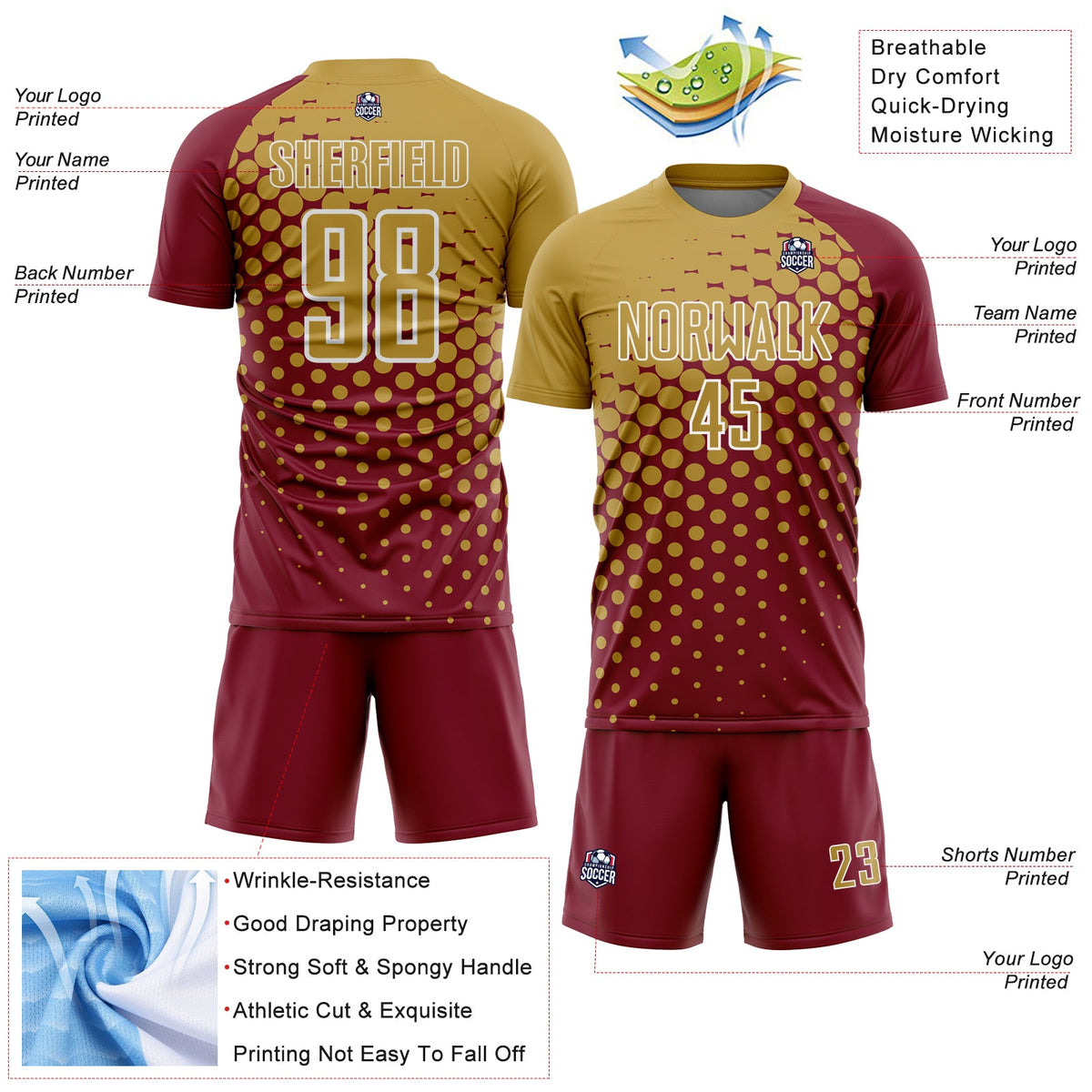 Custom Crimson Old Gold-White Modern Polka Dot Sublimation Soccer Uniform Jersey Limited
