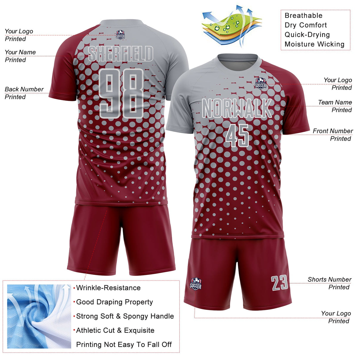 Custom Crimson Gray-White Modern Polka Dot Sublimation Soccer Uniform Jersey Limited