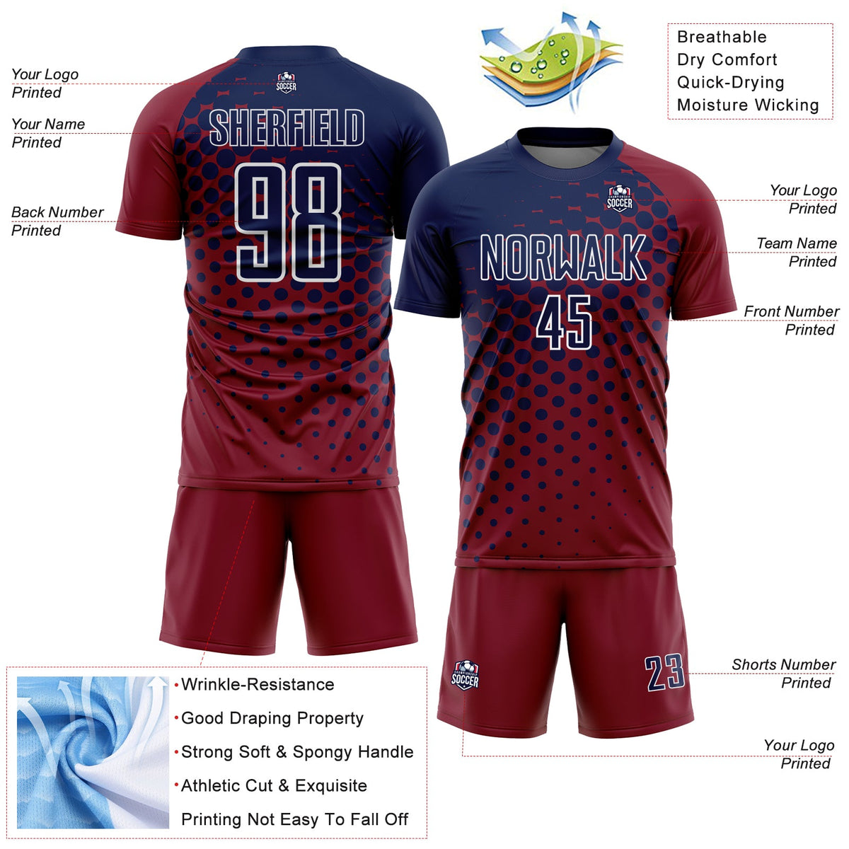 Custom Crimson Navy-White Modern Polka Dot Sublimation Soccer Uniform Jersey Limited