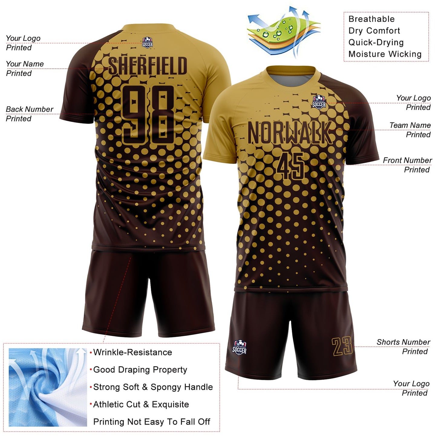 Custom Brown Old Gold Modern Polka Dot Sublimation Soccer Uniform Jersey Limited
